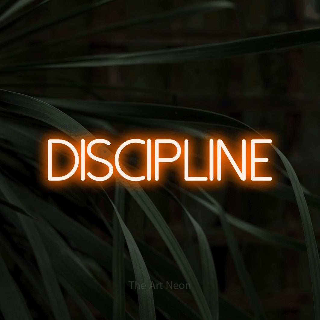 “Discipline” LED neon sign in orange, with thin sans-serif lettering, shown against a close-up of dark foliage.