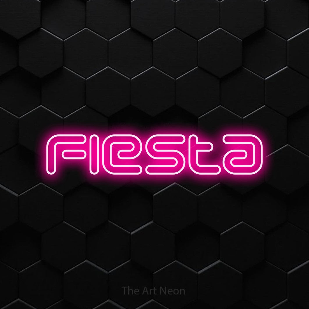 “Fiesta” LED neon sign in hot pink, with futuristic double-line lettering, shown against black hexagonal wall tiles.