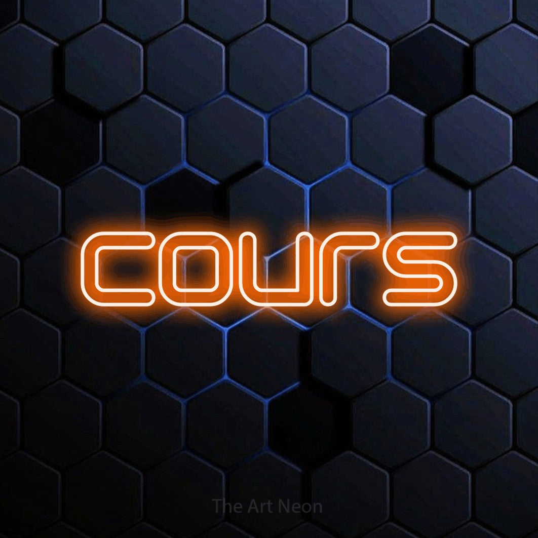 “Cours” LED neon sign in orange, with futuristic double-line lettering, shown against a dark blue honeycomb pattern.