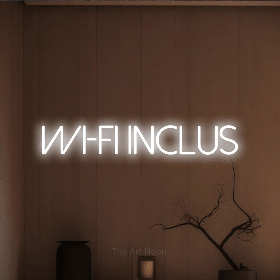 “Wi-Fi inclus” LED neon sign in cool white, with thin sans-serif lettering, shown against a simple earth-toned interior.