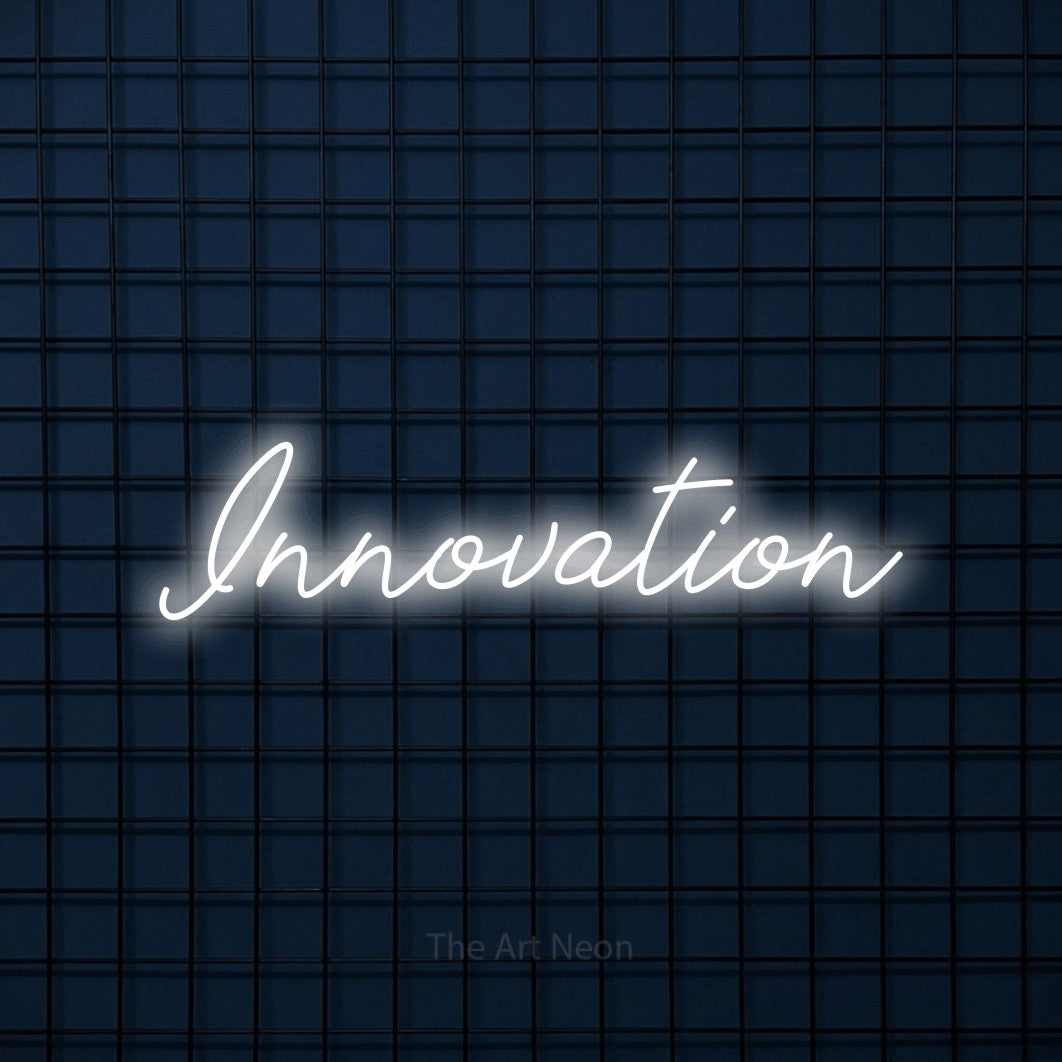 “Innovation” LED neon sign in cool white, with cursive lettering, shown against a dark blue grid.
