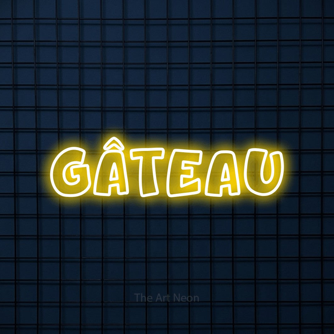 “Gâteau” LED neon sign in yellow, with rounded outline lettering, shown against a dark blue grid.