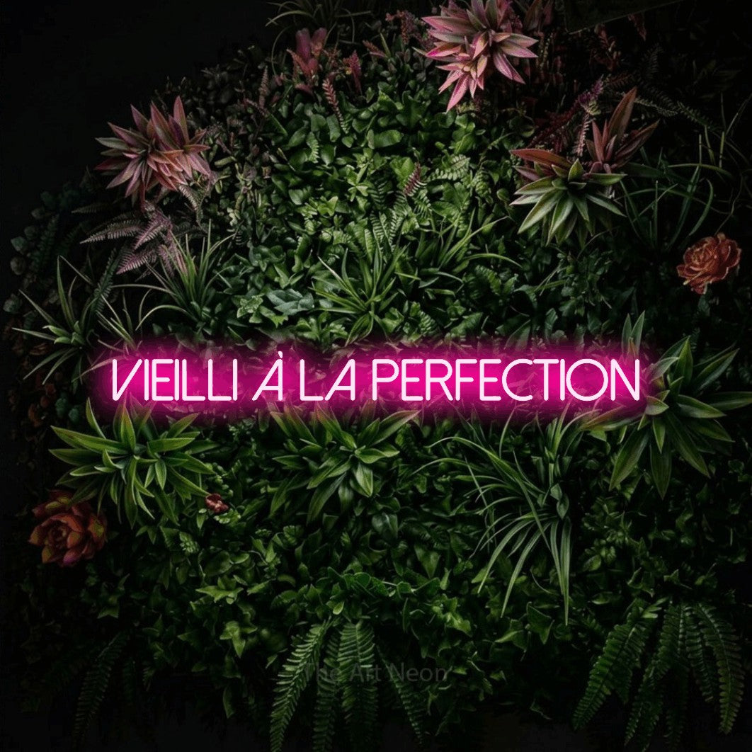 “Vieilli à la perfection” LED neon sign in hot pink, with thin sans-serif lettering, shown against a flowering plant wall.