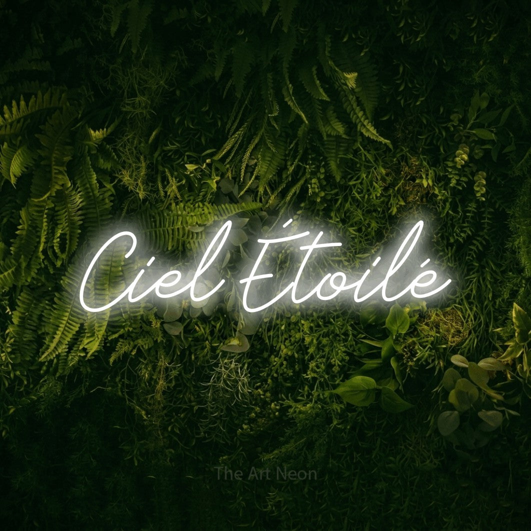 “Ciel étoilé” LED neon sign in cool white, with cursive lettering, shown against a dark moss and forest backdrop.