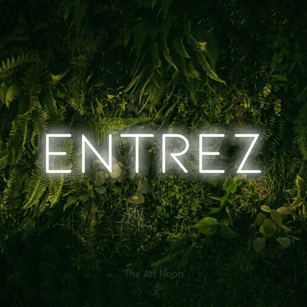 “Entrez” LED neon sign in cool white, with thin, widely spaced lettering, shown against a dark moss and forest backdrop.