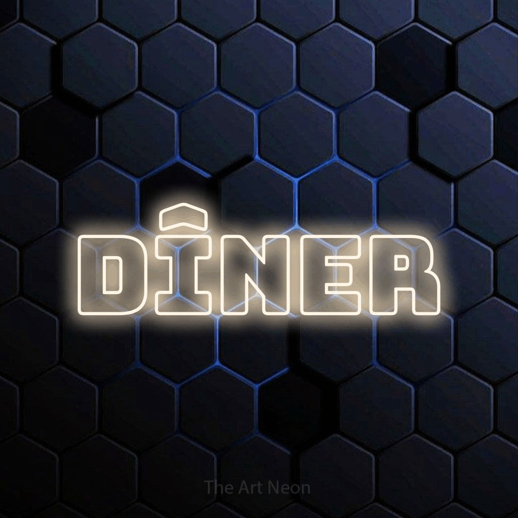 “Dîner” LED neon sign in warm white, with bold outline lettering, shown against a dark blue honeycomb pattern.