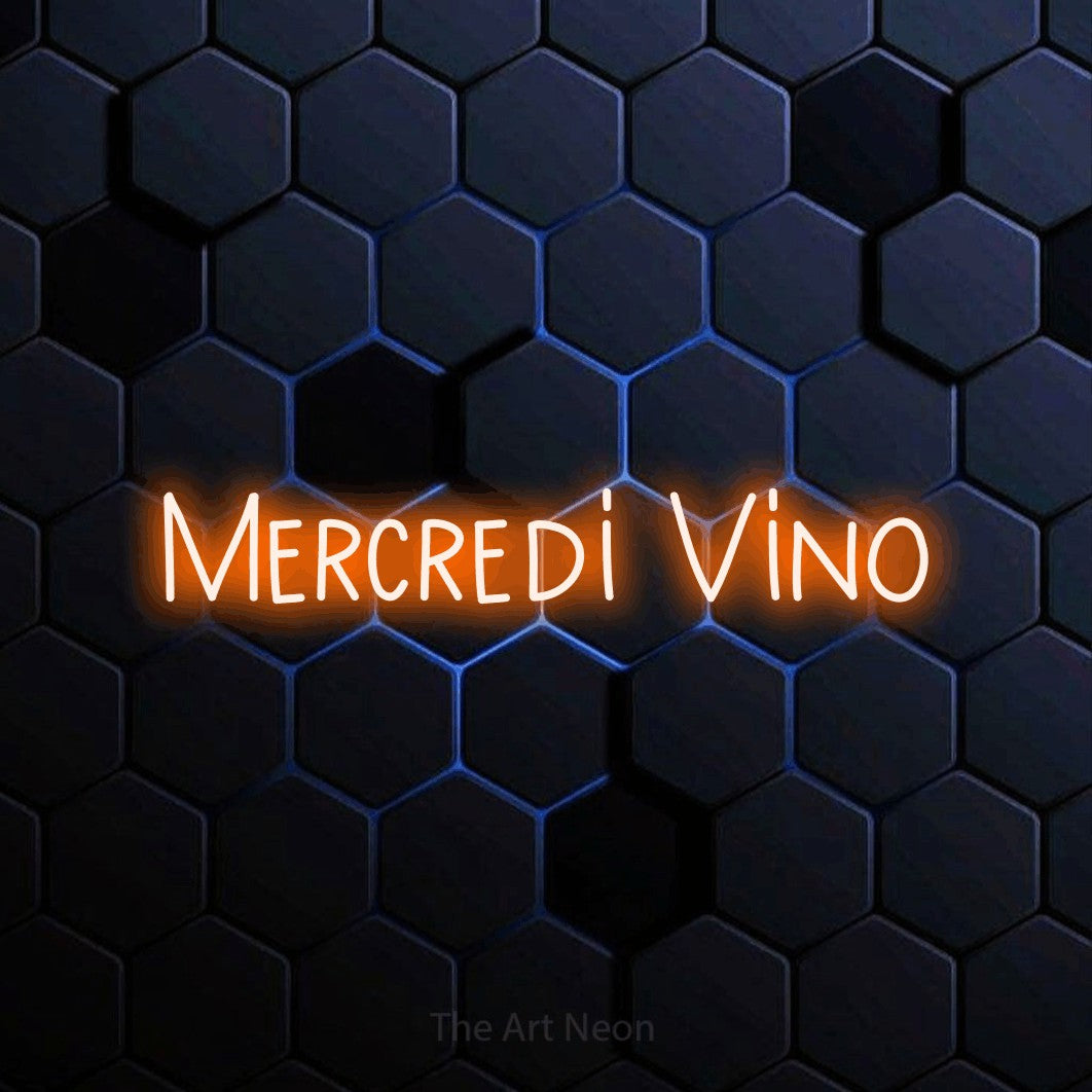 “Mercredi vino” LED neon sign in orange, with narrow hand-drawn lettering, shown against a dark blue honeycomb pattern.