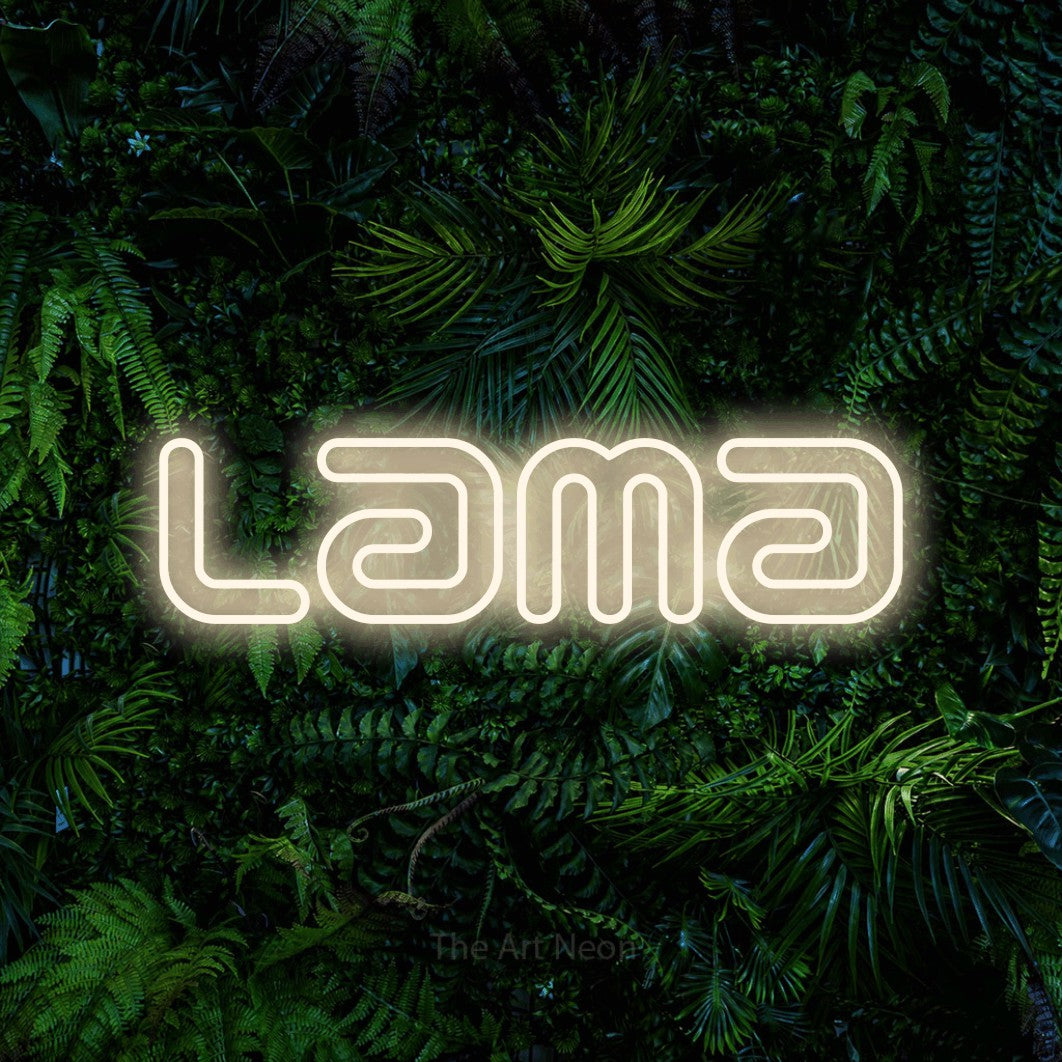 “Lama” LED neon sign in warm white, with futuristic double-line lettering, shown against dense tropical foliage.