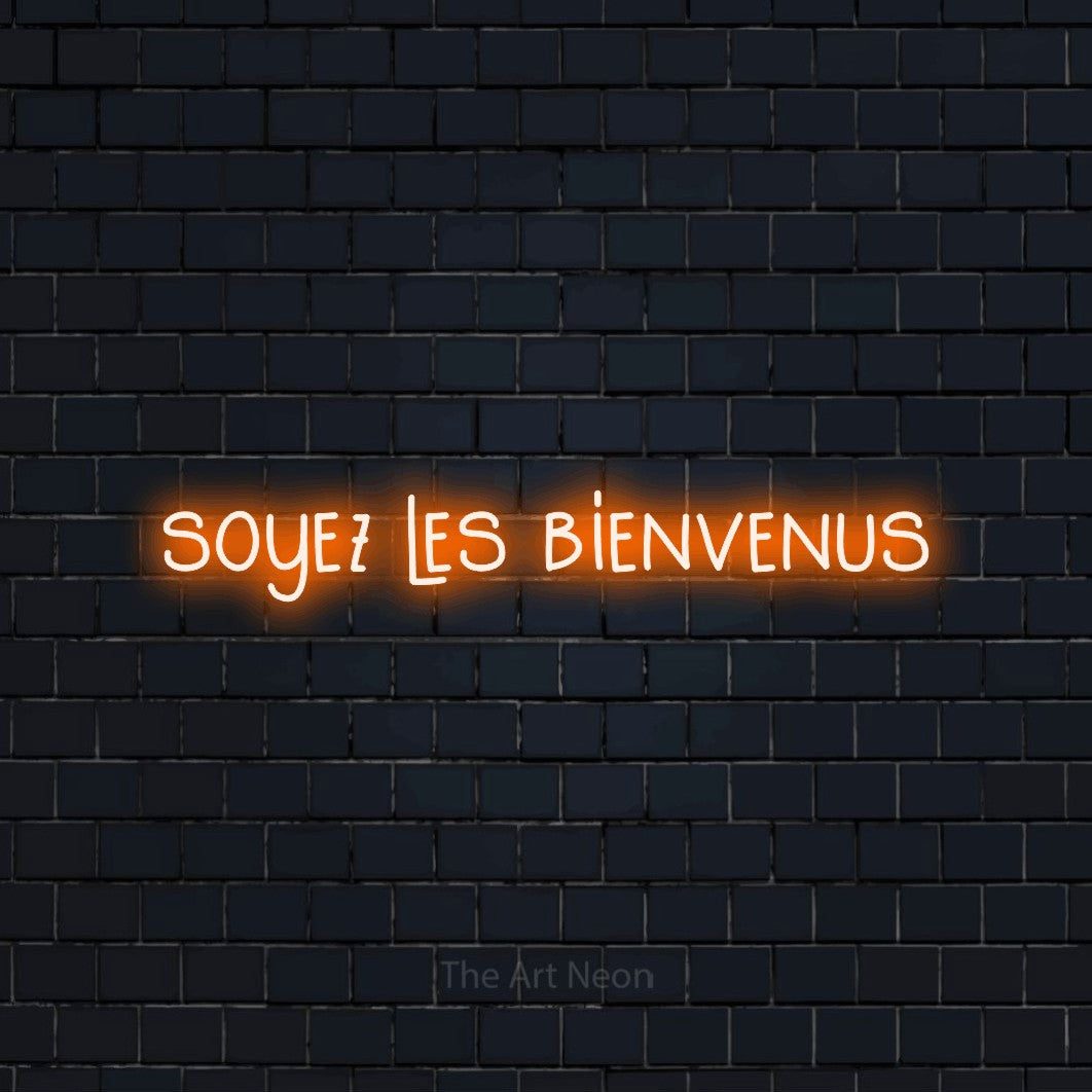 “Soyez les bienvenus” LED neon sign in orange, with narrow hand-drawn lettering, shown against a dark navy brick wall.