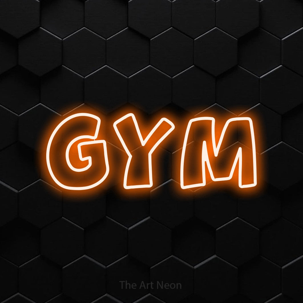 “Gym” LED neon sign in orange, with rounded outline lettering, shown against black hexagonal wall tiles.
