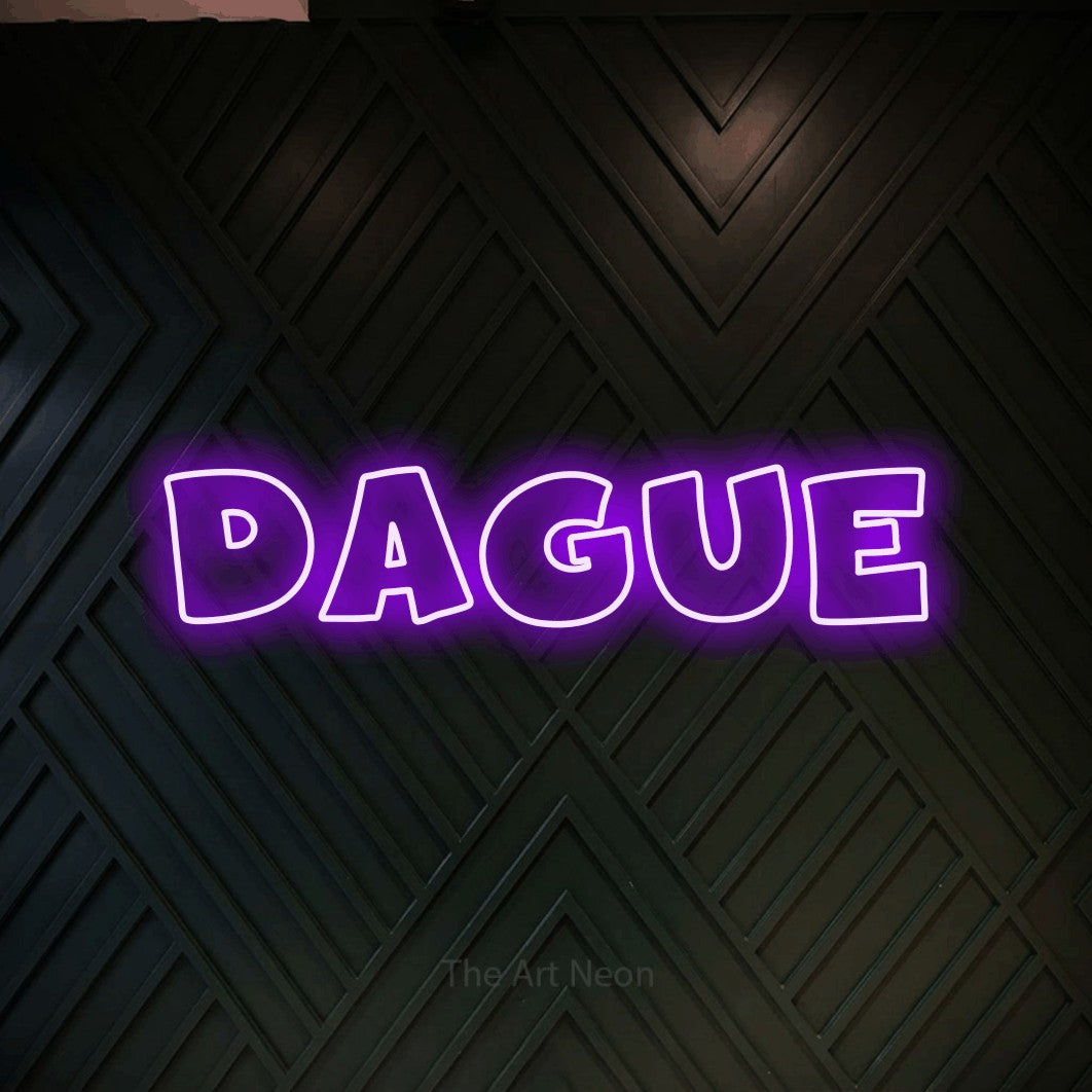 “Dague” LED neon sign in purple, with wide lettering with irregular outlines, shown against a black chevron-patterned wood wall.