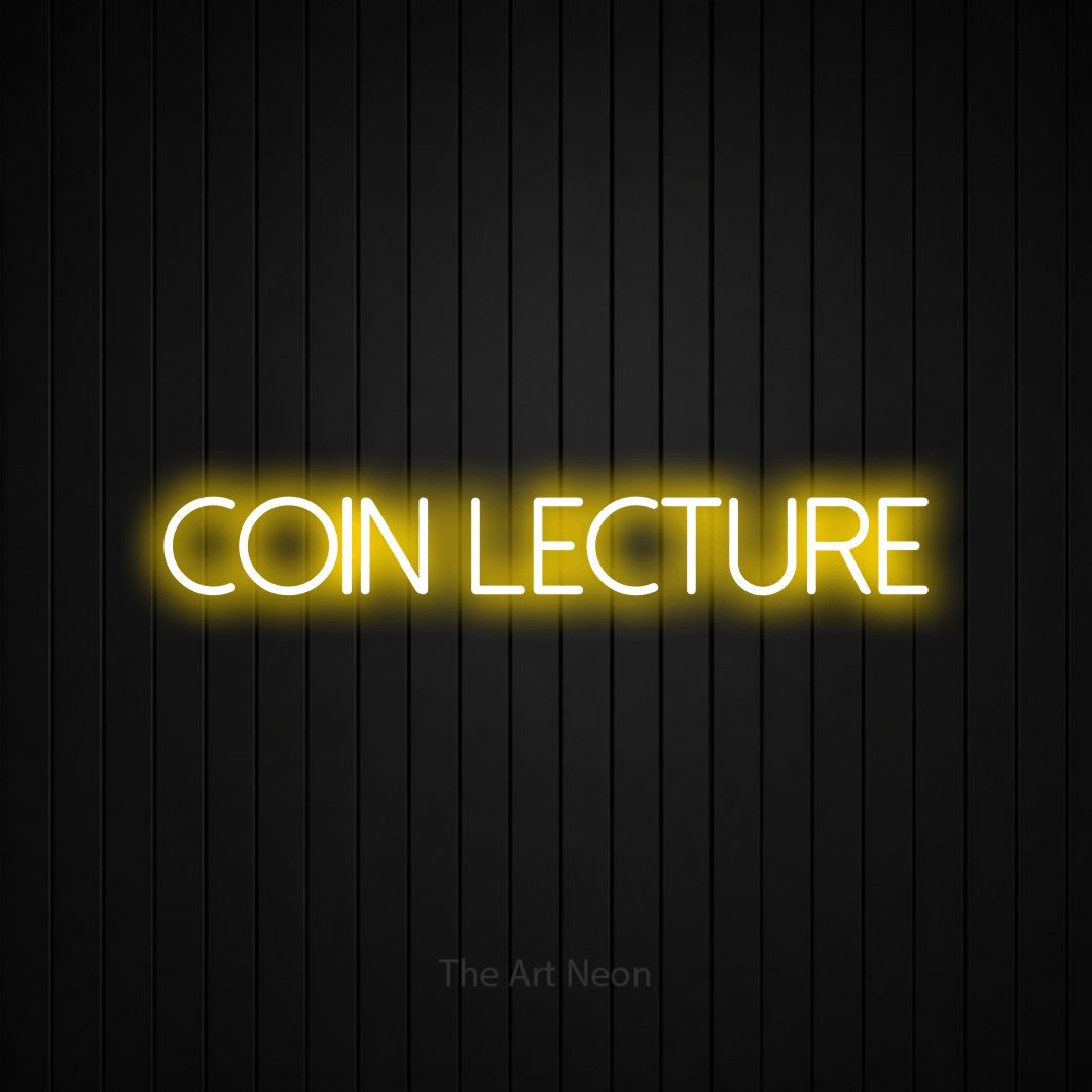 Aperçu d’une enseigne néon LED « Coin lecture » en jaune, en lettres fines sans empattement, photographiée sur un mur de lattes verticales noires, pour un café.