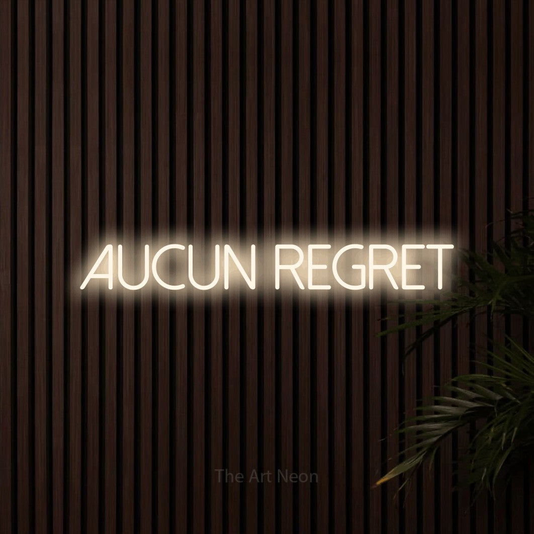 “Aucun regret” LED neon sign in warm white, with thin sans-serif lettering, shown against dark wooden wall slats.