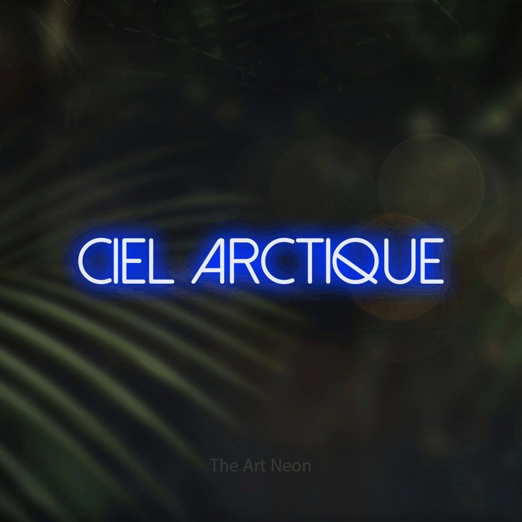 Aperçu d’une enseigne néon LED « Ciel arctique » en bleu, en lettres fines sans empattement, photographiée sur un fond flou de palmiers et de lumières bokeh, pour un décor de plein air canadien.