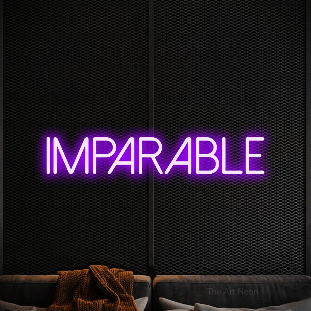 “Imparable” LED neon sign in purple, with thin sans-serif lettering, shown against a modern dark-toned seating area.