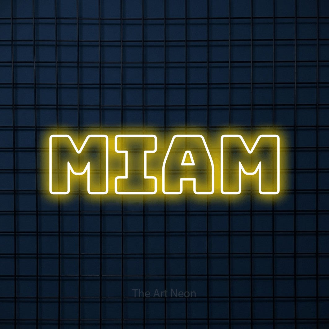 “Miam” LED neon sign in yellow, with bold outline lettering, shown against a dark blue grid.