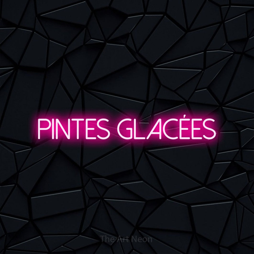 “Pintes glacées” LED neon sign in hot pink, with thin sans-serif lettering, shown against a black polygonal surface.