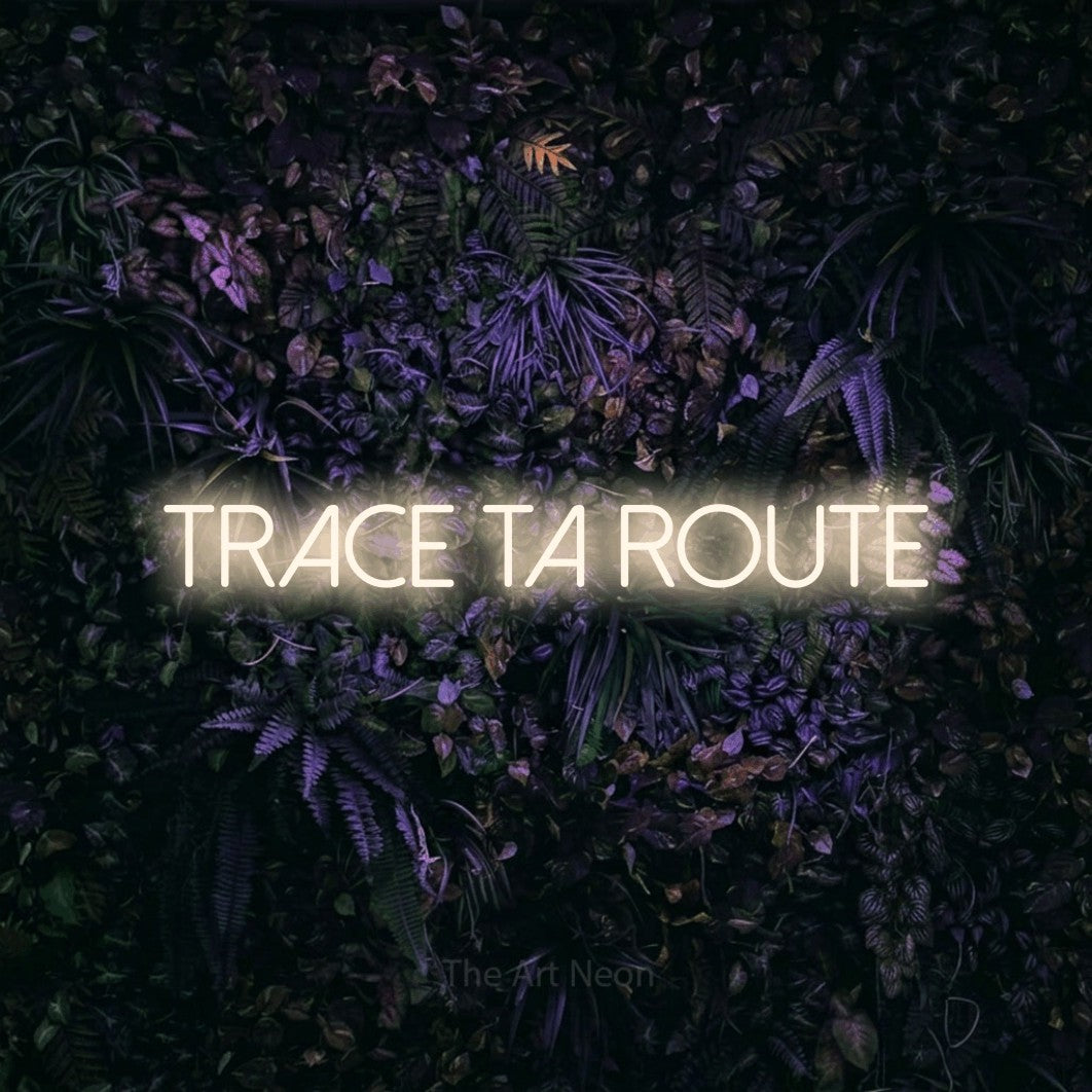 “Trace ta route” LED neon sign in warm white, with thin sans-serif lettering, shown against a dark wall with purple flowers.