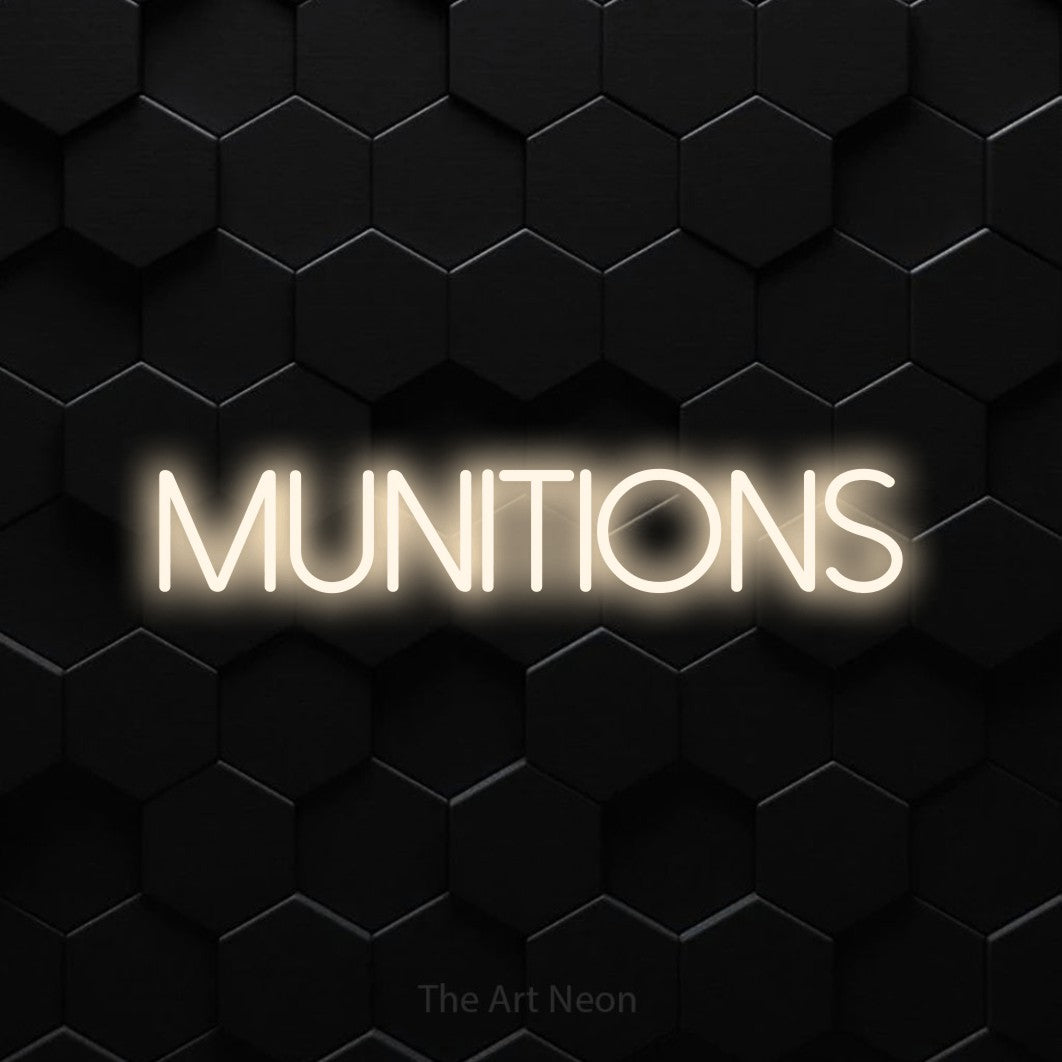 “Munitions” LED neon sign in warm white, with thin sans-serif lettering, shown against black hexagonal wall tiles.