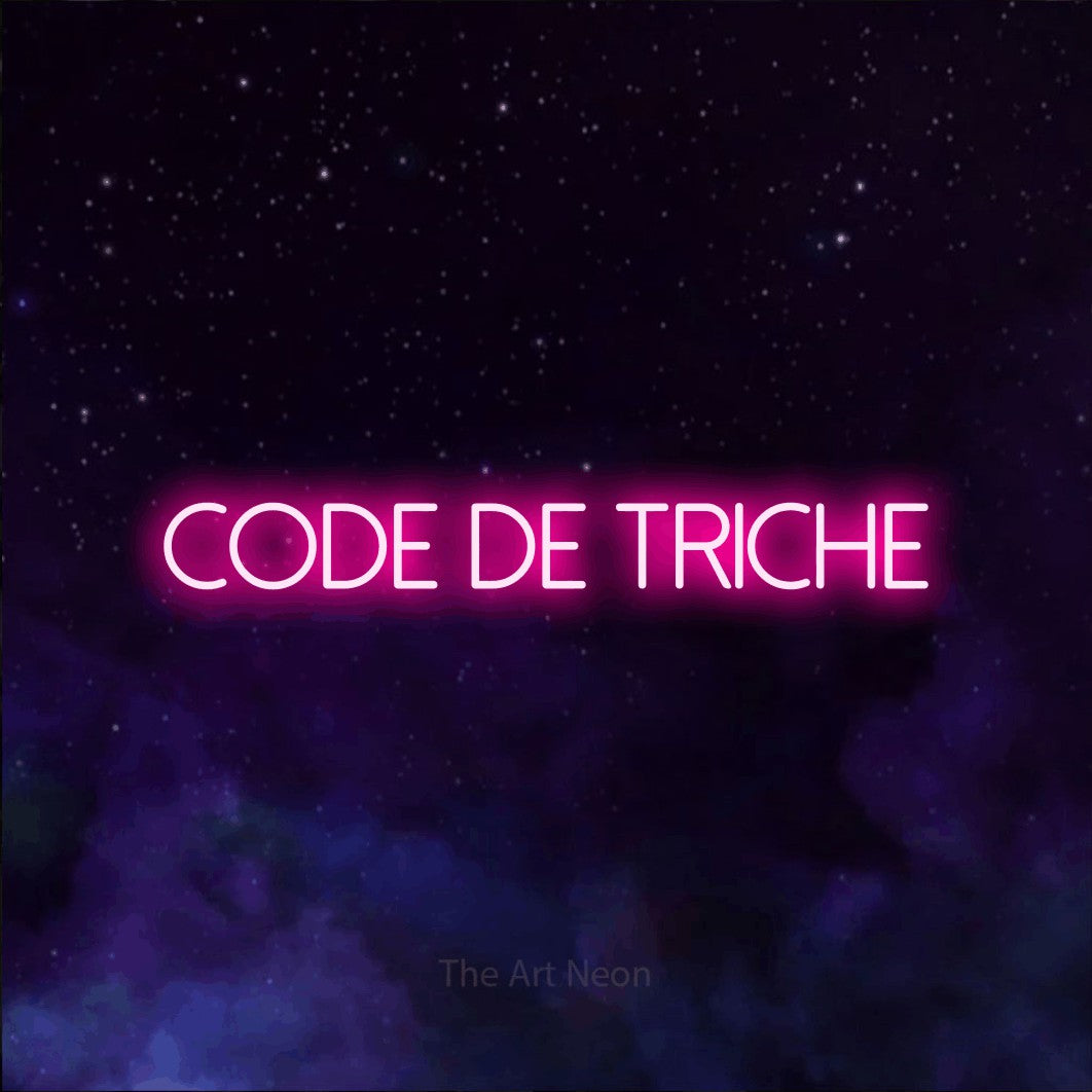 “Code de triche” LED neon sign in hot pink, with thin sans-serif lettering, shown against a purple galaxy backdrop.