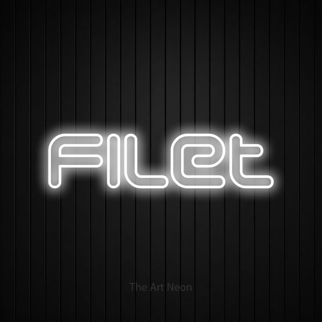 “Filet” LED neon sign in cool white, with futuristic double-line lettering, shown against black vertical wall slats.
