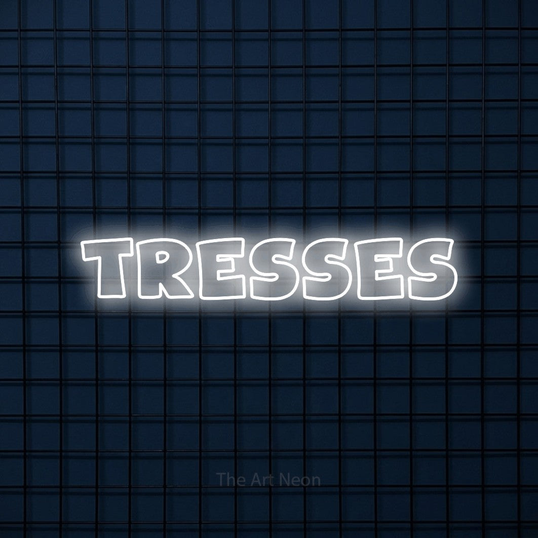 “Tresses” LED neon sign in cool white, with wide lettering with irregular outlines, shown against a dark blue grid.