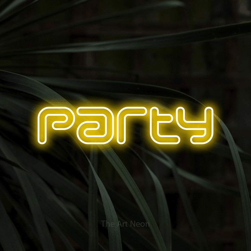 “Party” LED neon sign in yellow, with futuristic double-line lettering, shown against a close-up of dark foliage.