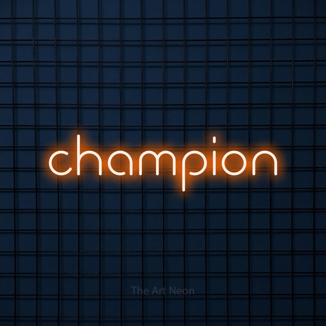 “Champion” LED neon sign in orange, with stylised geometric lettering, shown against a dark blue grid.