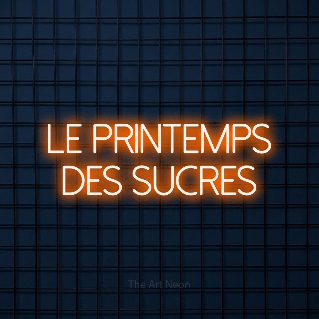 “Le printemps des sucres” LED neon sign in orange, with thin sans-serif lettering across 2 lines, shown against a dark blue grid.