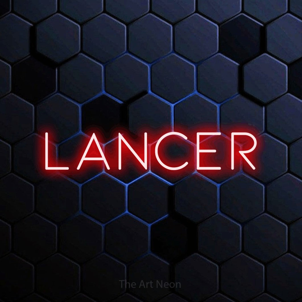“Lancer” LED neon sign in red, with thin, widely spaced lettering, shown against a dark blue honeycomb pattern.