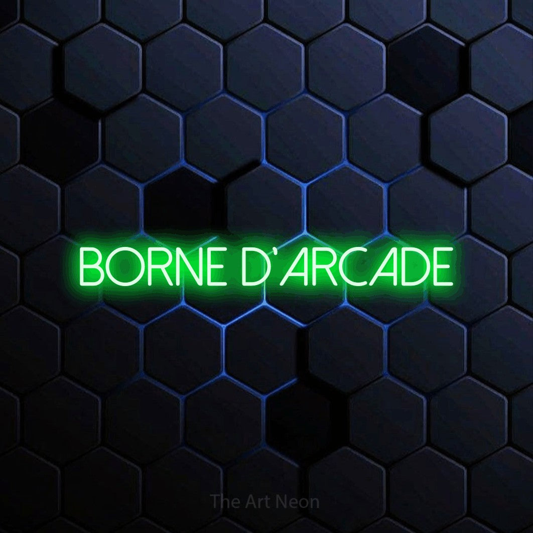 “Borne d'arcade” LED neon sign in green, with thin sans-serif lettering, shown against a dark blue honeycomb pattern.