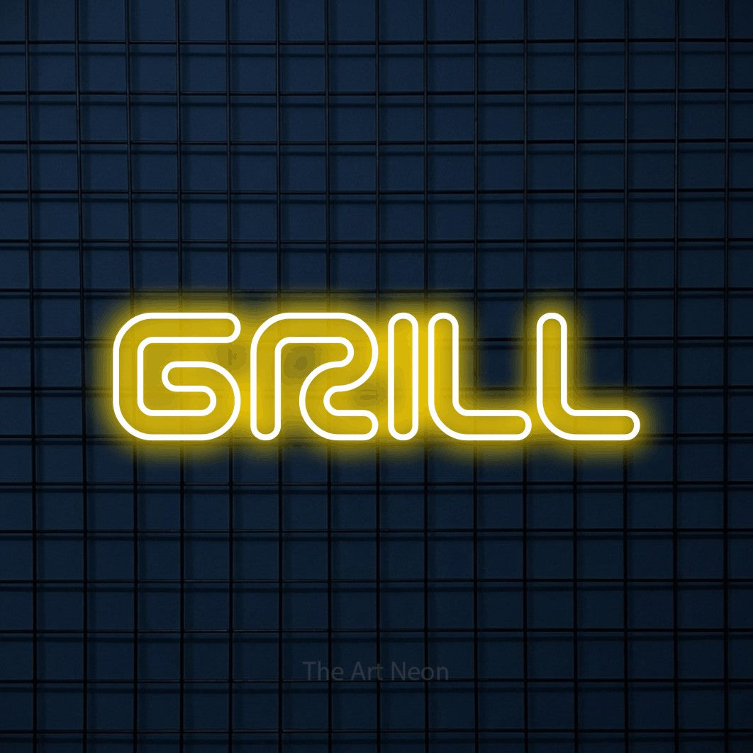 “Grill” LED neon sign in yellow, with futuristic double-line lettering, shown against a dark blue grid.