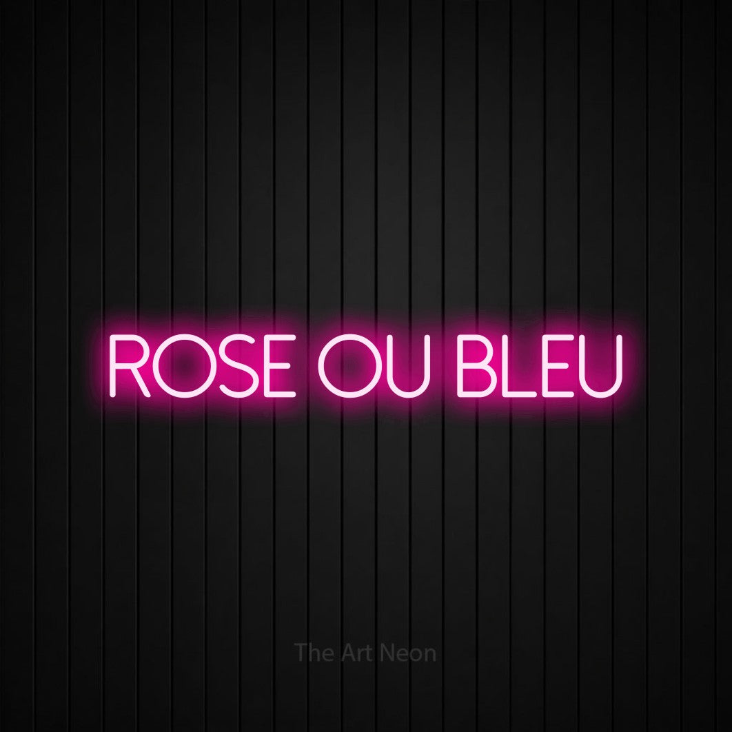 “Rose ou bleu” LED neon sign in hot pink, with thin sans-serif lettering, shown against black vertical wall slats.