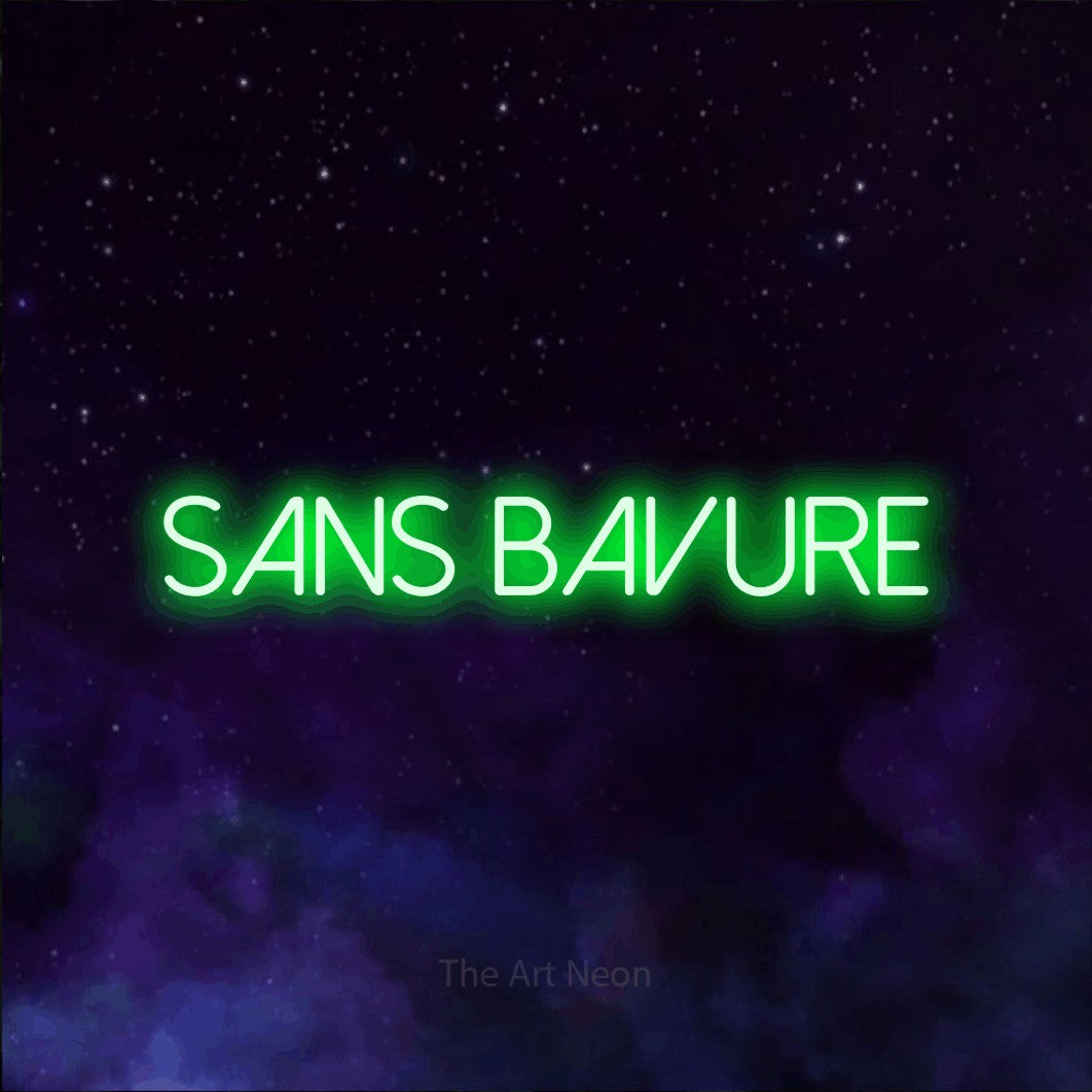 “Sans bavure” LED neon sign in green, with thin sans-serif lettering, shown against a purple galaxy backdrop.