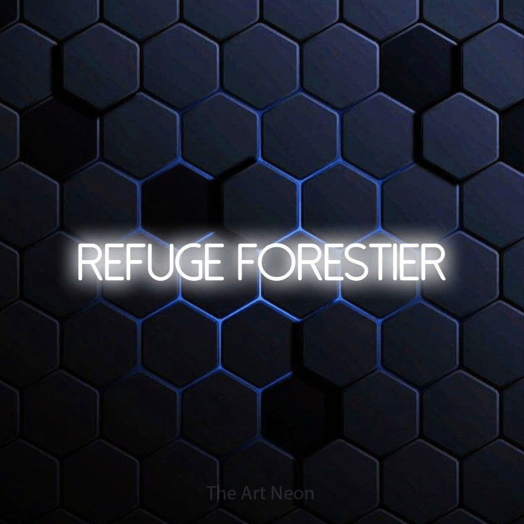 “Refuge forestier” LED neon sign in cool white, with thin sans-serif lettering, shown against a dark blue honeycomb pattern.