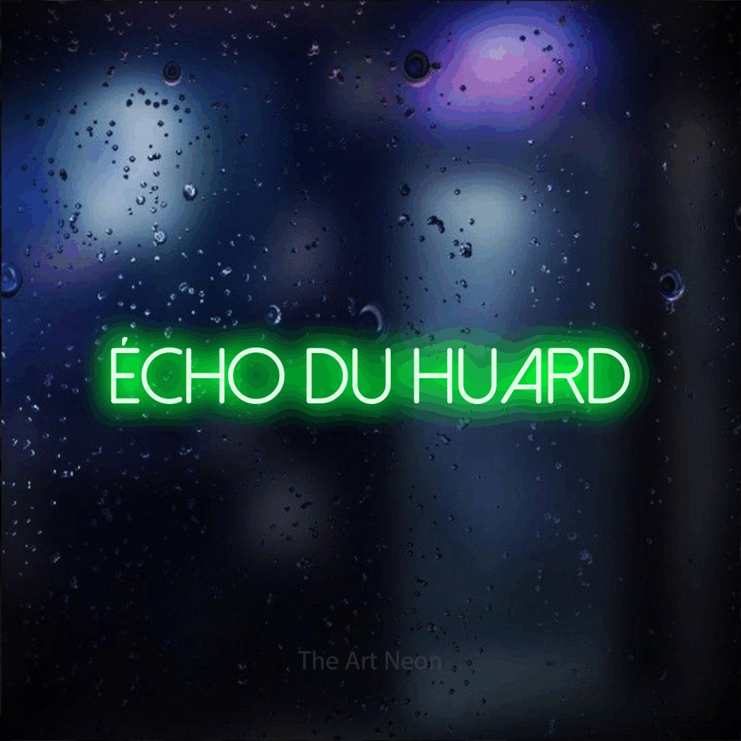 “Écho du huard” LED neon sign in green, with thin sans-serif lettering, shown against glass with blue and purple reflections.