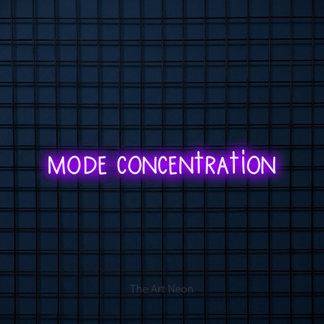 “Mode concentration” LED neon sign in purple, with narrow hand-drawn lettering, shown against a dark blue grid.