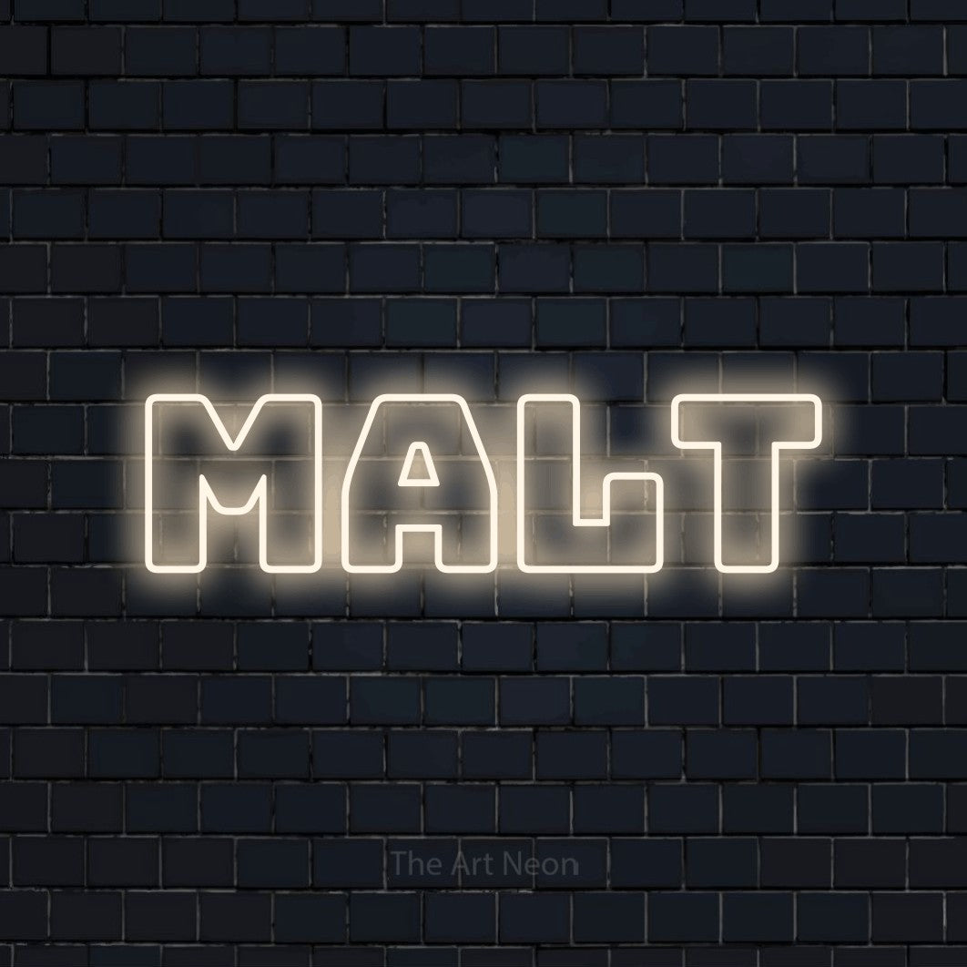 “Malt” LED neon sign in warm white, with bold outline lettering, shown against a dark navy brick wall.