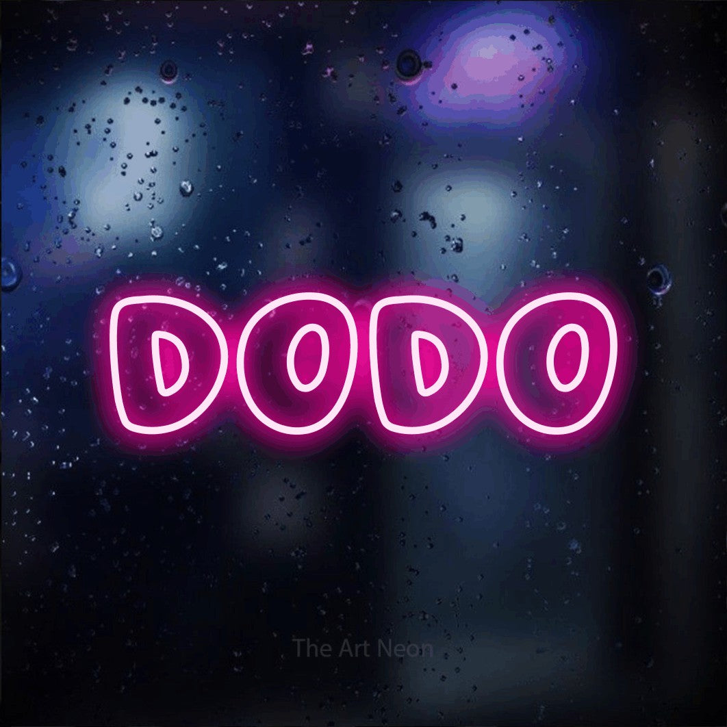 “Dodo” LED neon sign in hot pink, with rounded outline lettering, shown against glass with blue and purple reflections.