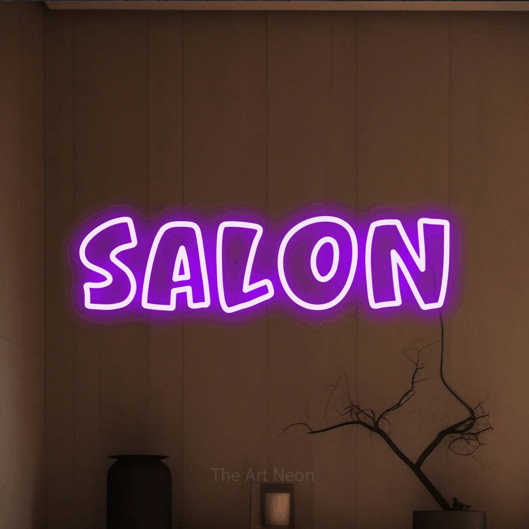 “Salon” LED neon sign in purple, with rounded outline lettering, shown against a simple earth-toned interior.