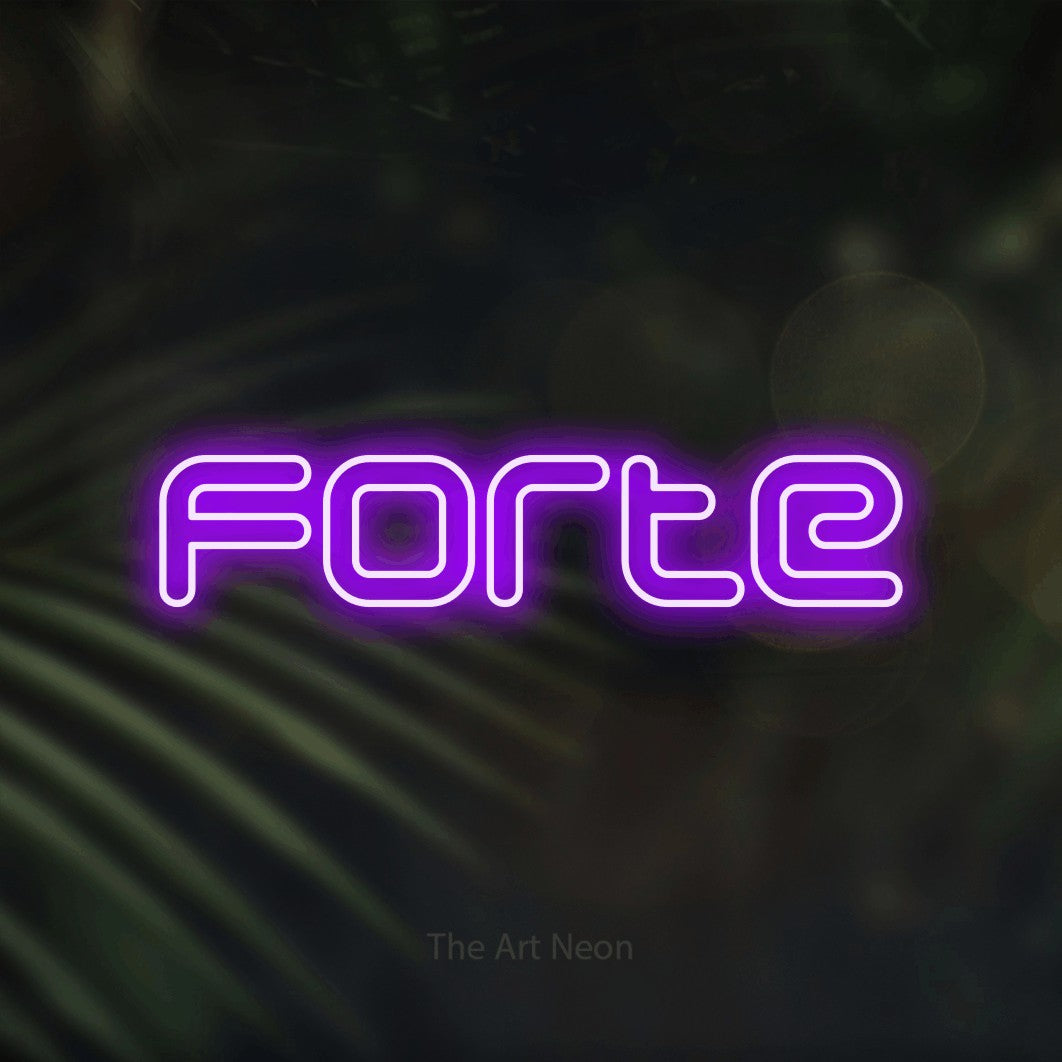 “Forte” LED neon sign in purple, with futuristic double-line lettering, shown against a blurred palm and bokeh-light backdrop.
