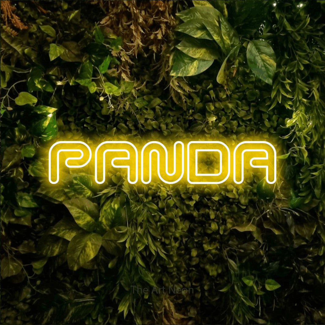“Panda” LED neon sign in yellow, with futuristic double-line lettering, shown against bright green and yellow foliage.