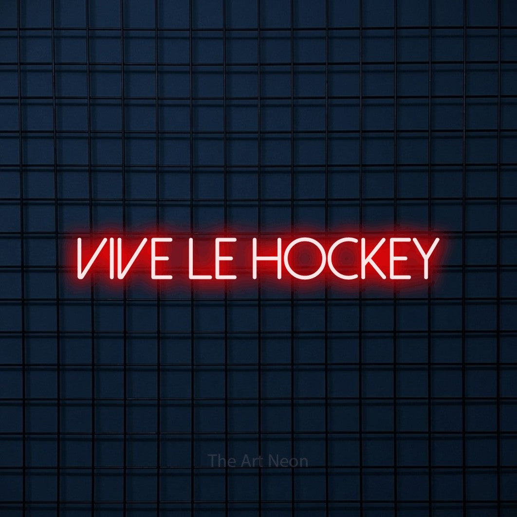 “Vive le hockey” LED neon sign in red, with thin sans-serif lettering, shown against a dark blue grid.