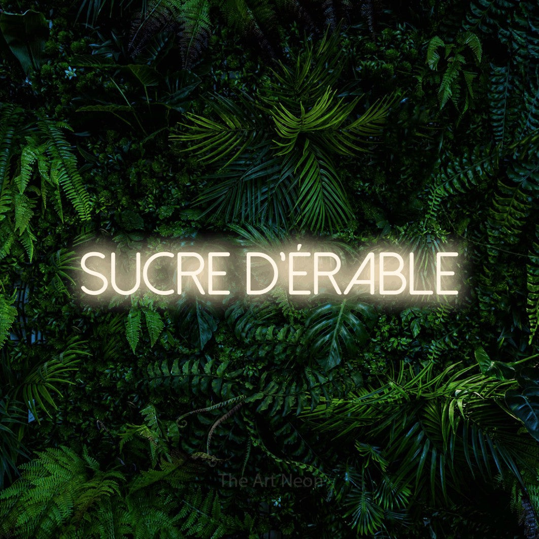 “Sucre d'érable” LED neon sign in warm white, with thin sans-serif lettering, shown against dense tropical foliage.