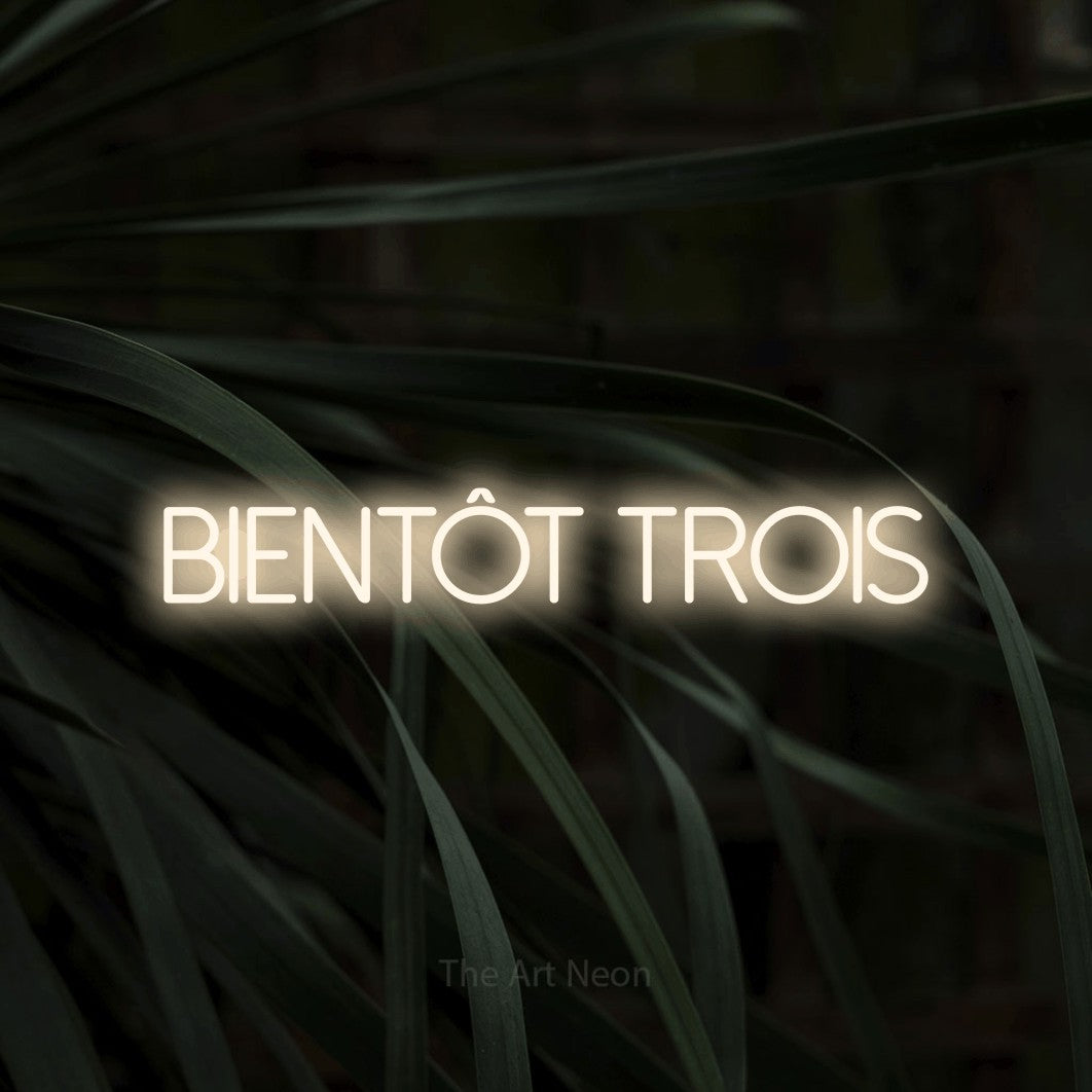 Lettrage en néon LED « Bientôt trois » en blanc chaud, en lettres fines sans empattement, présenté sur un feuillage sombre en gros plan, pour une fête prénatale.