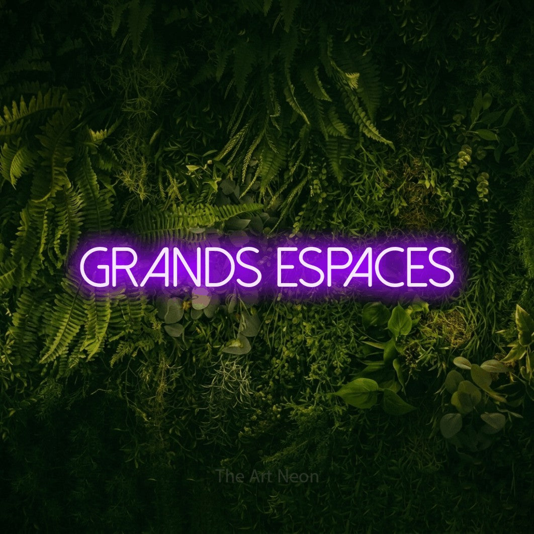 “Grands espaces” LED neon sign in purple, with thin sans-serif lettering, shown against a dark moss and forest backdrop.