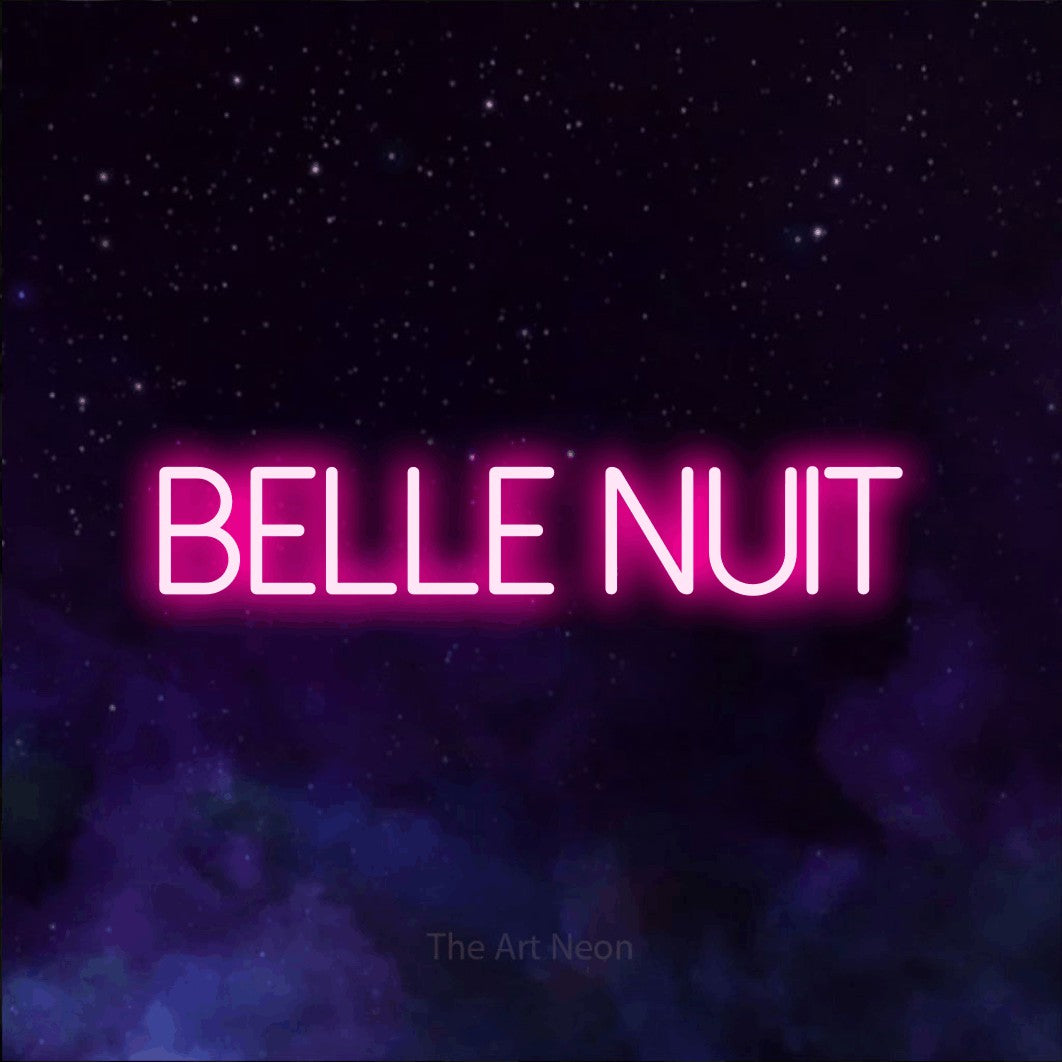 “Belle nuit” LED neon sign in hot pink, with thin sans-serif lettering, shown against a purple galaxy backdrop.