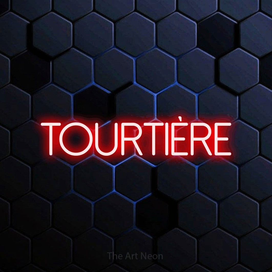 Enseigne néon LED « Tourtière » en rouge, en lettres fines sans empattement, présentée sur un motif alvéolé bleu foncé, pour un décor canadien.