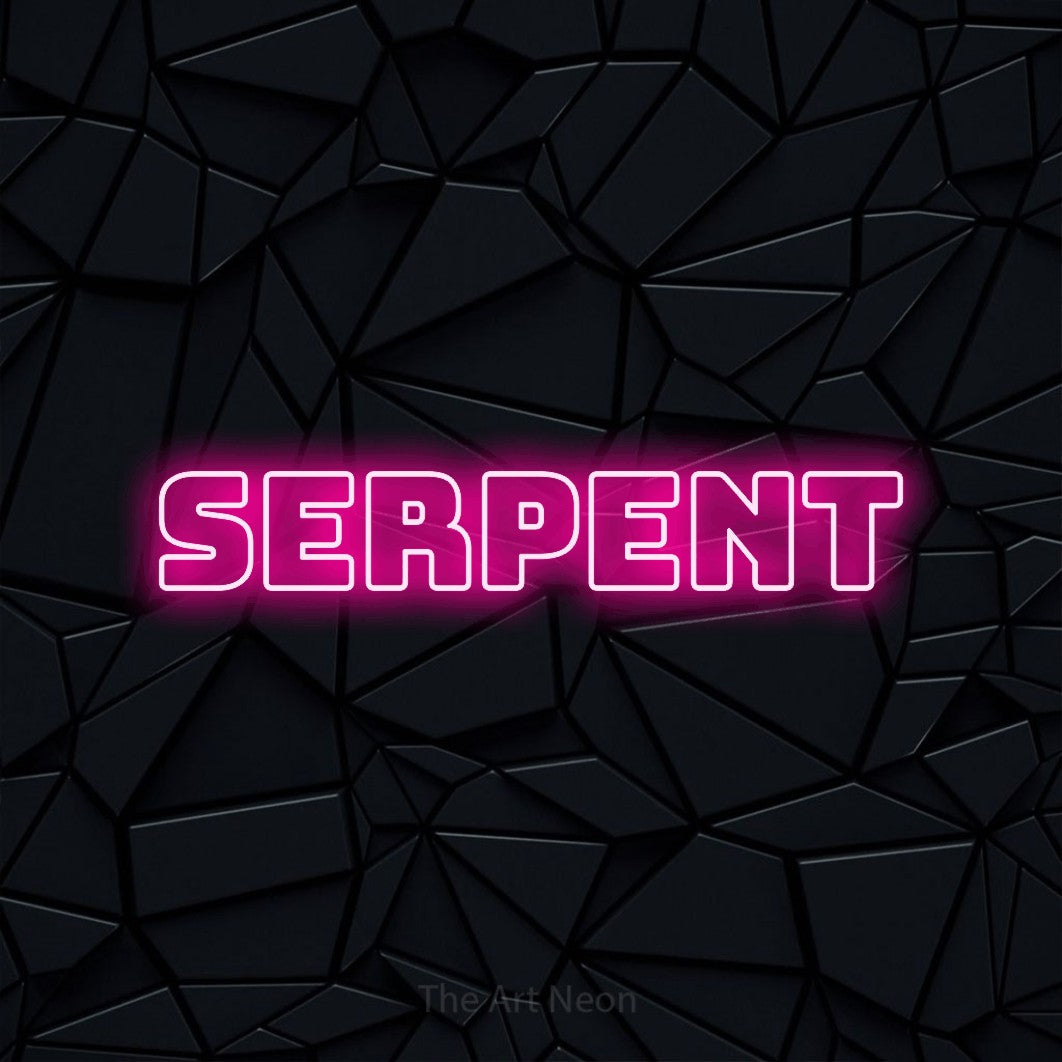 “Serpent” LED neon sign in hot pink, with bold outline lettering, shown against a black polygonal surface.