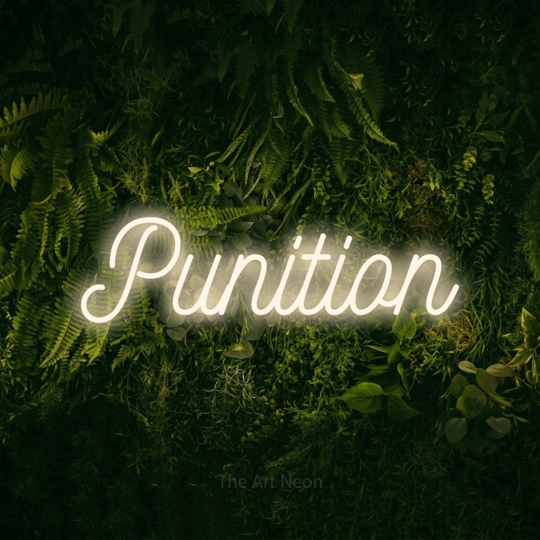 “Punition” LED neon sign in warm white, with ornate cursive lettering, shown against a dark moss and forest backdrop.